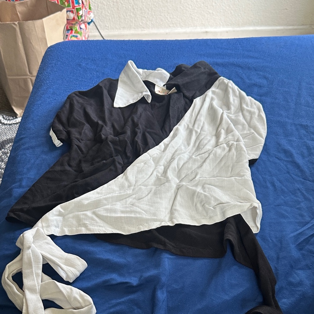 Black and White Collared Wrap Top